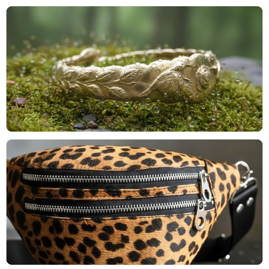 Mujer con riñonera animal print y brazalete en un entorno rural/bodega